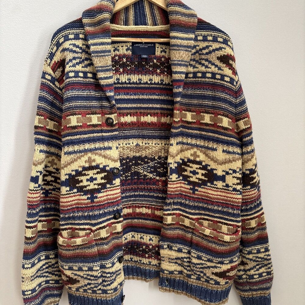 American Eagle Outfitters Y2K Vintage Retro Aztec Fisherman Grandpa Knit Cardi M - Picture 2 of 7